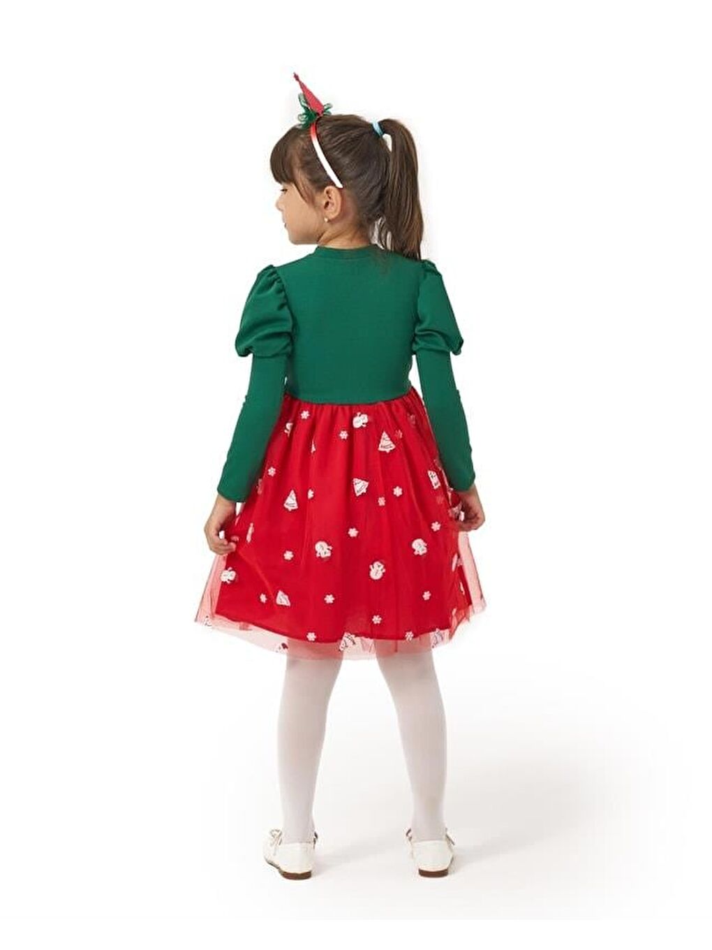Karışık Kız Çocuk Pamuklu Yeşil Kırmızı Yeni Yıl Desenli Tül Etekli Elbise - Fiyonk Kemerli-3