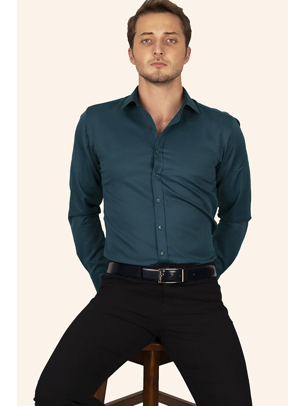 Petrol Zümrüt Yeşili Kare Düğmeli Slimfit Erkek Gömlek-2