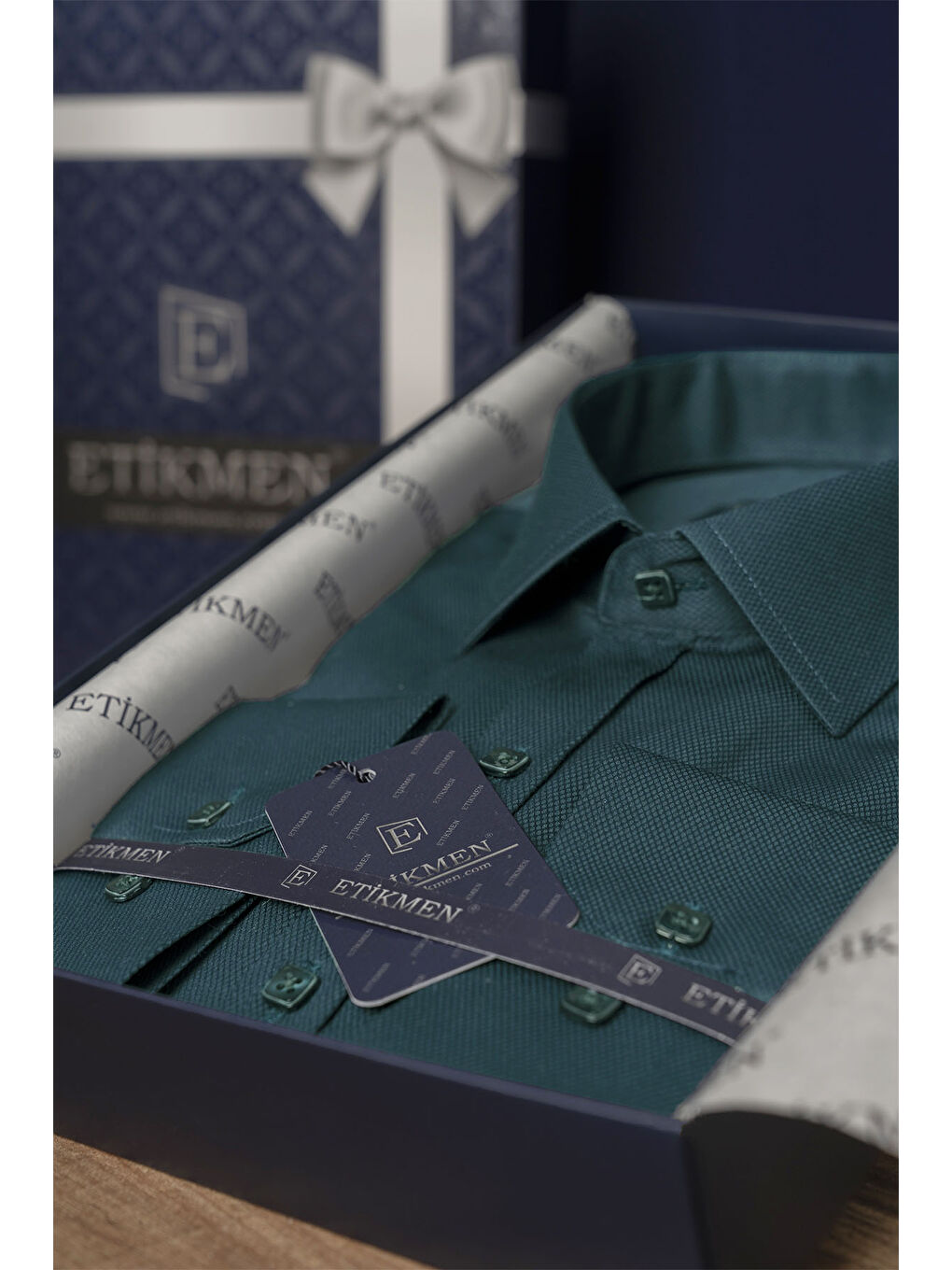 Petrol Zümrüt Yeşili Kare Düğmeli Slimfit Erkek Gömlek-3