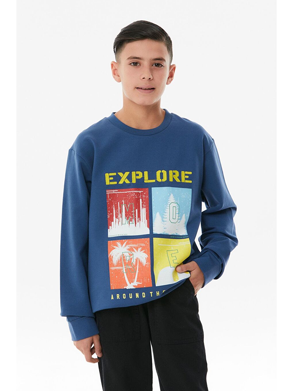 İndigo Baskılı Bisiklet Yaka Erkek Çocuk Sweatshirt-2