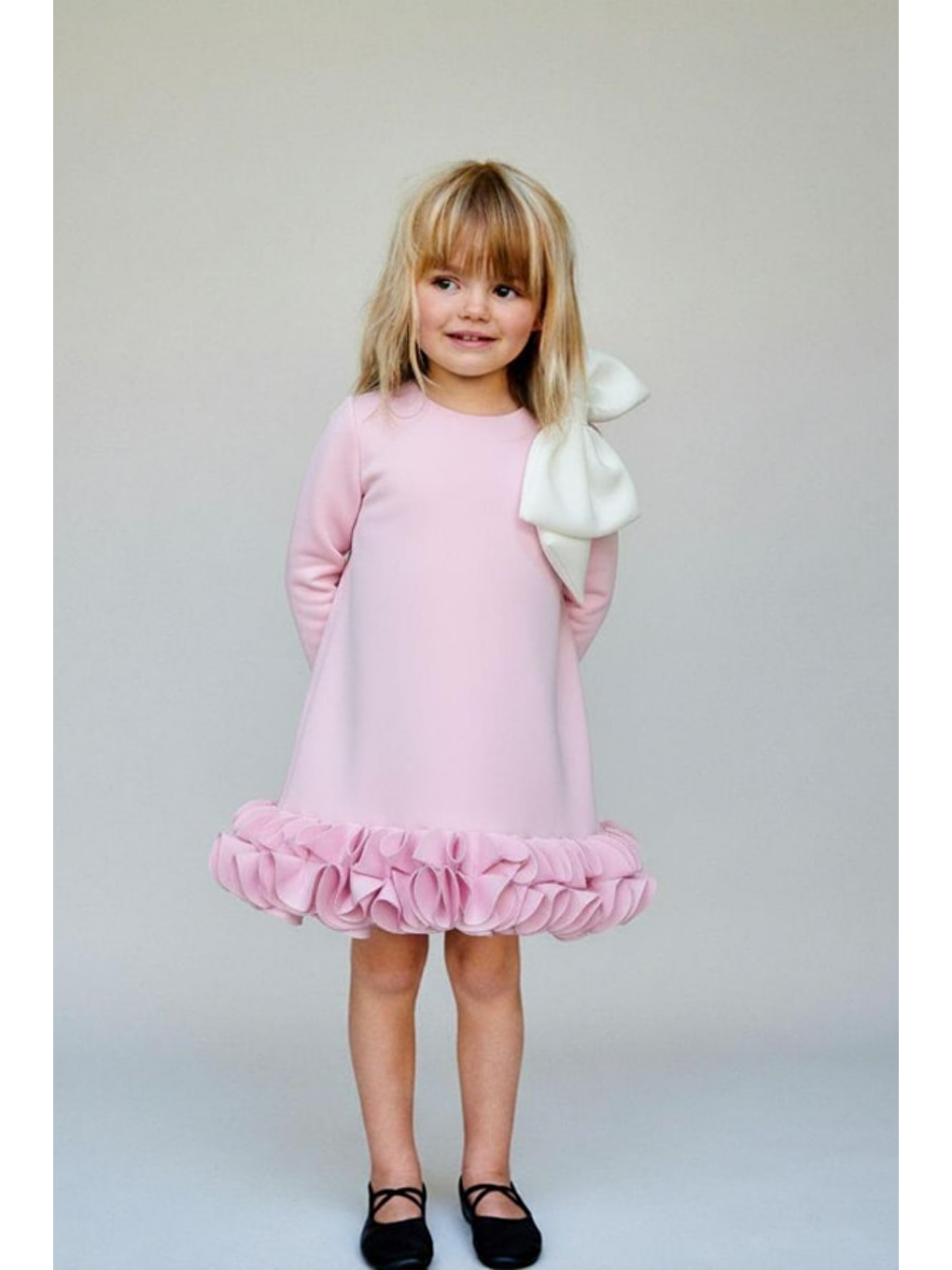 Pembe Kız Çocuk Pamuklu Pudra Fırfır Detaylı Fiyonk Aksesuarlı Elbise – Özel Şıklığı-2