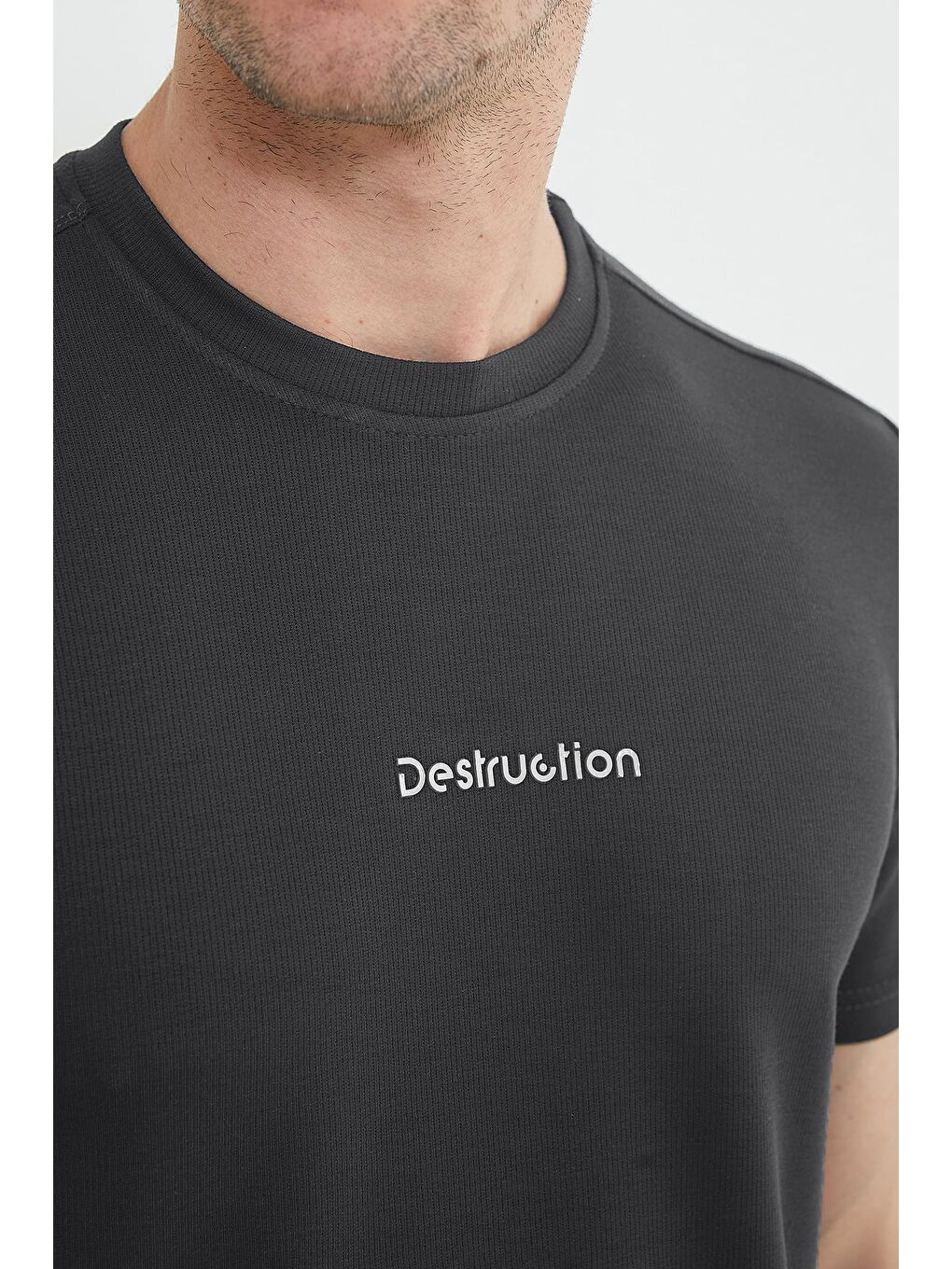 Antrasit Destruction Yazı Baskılı Bisiklet Yaka Tişört-4
