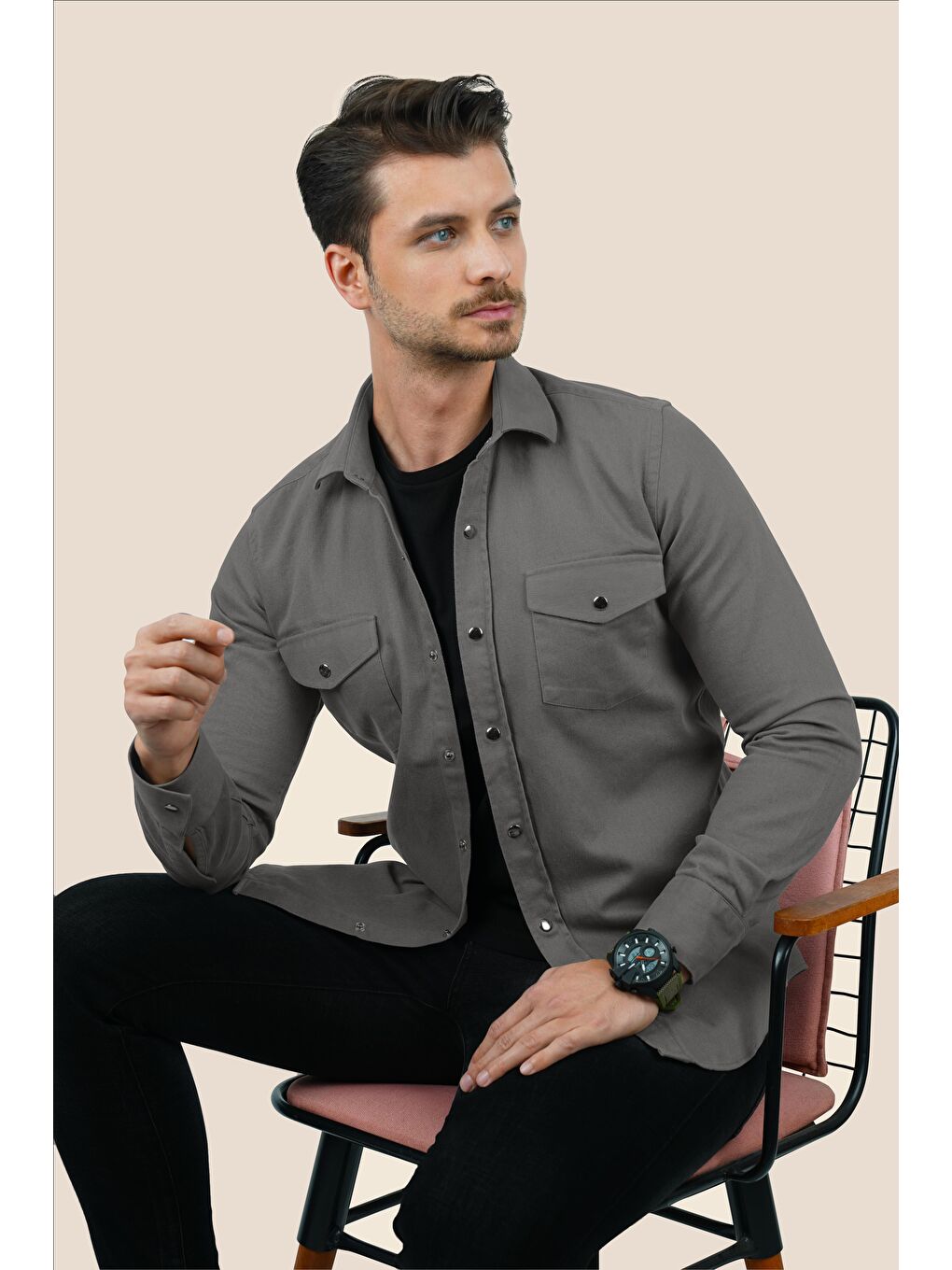 Gri Füme Slimfit Gerçek Jean Erkek Gömlek-2