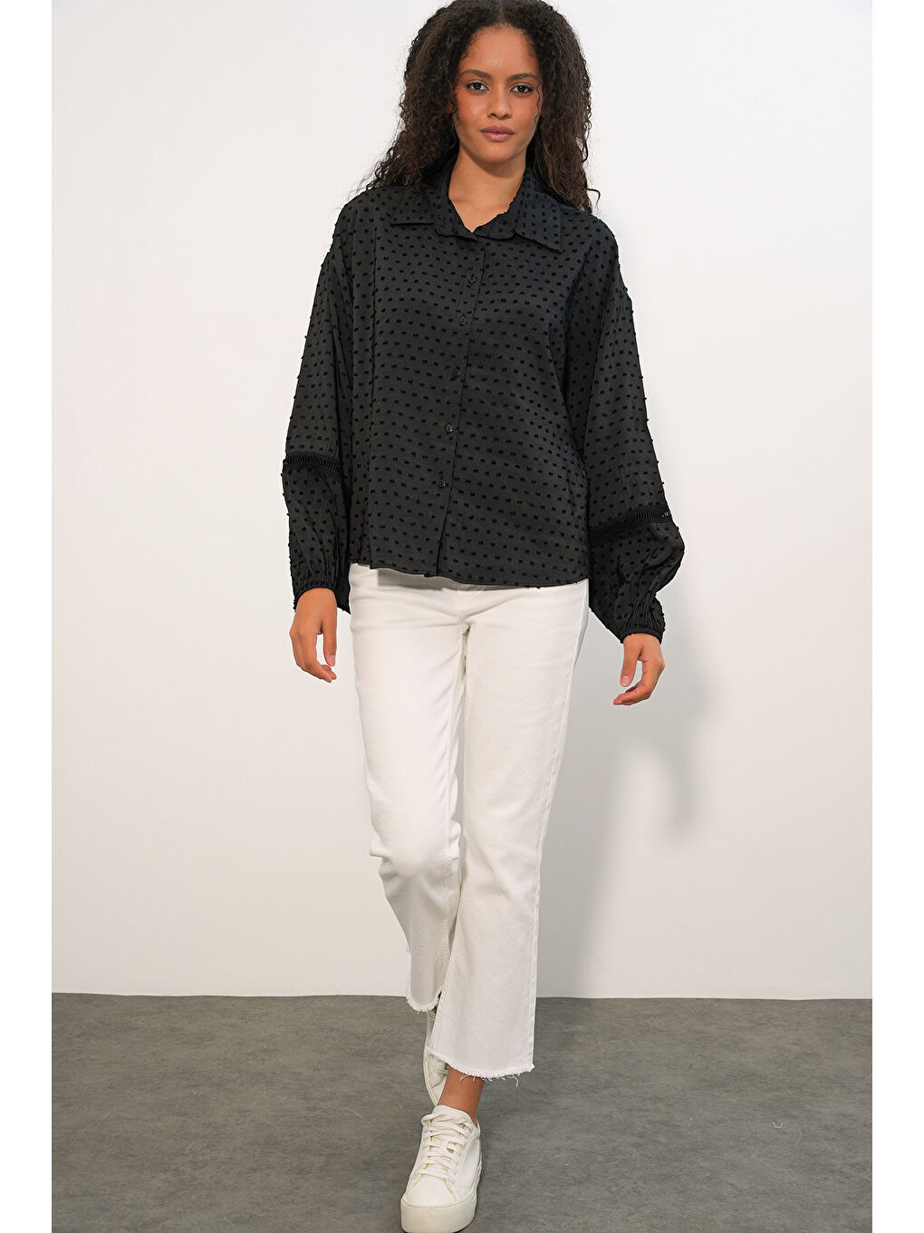 Kadın Oversize Desenli Gömlek 20379 - Siyah-1