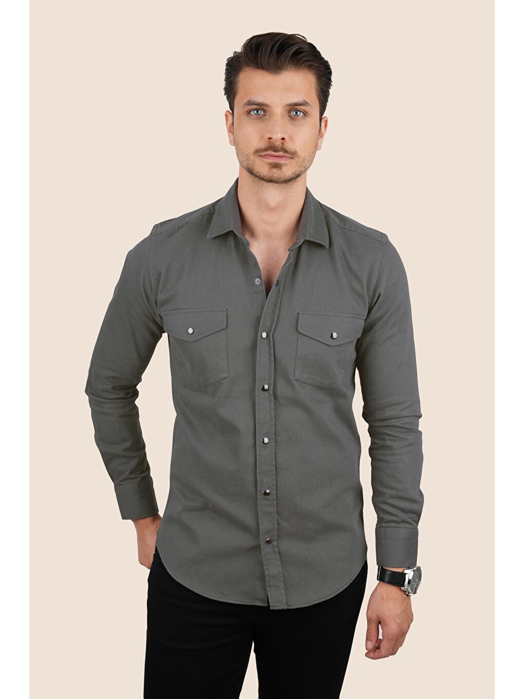 Gri Füme Slimfit Gerçek Jean Erkek Gömlek-4