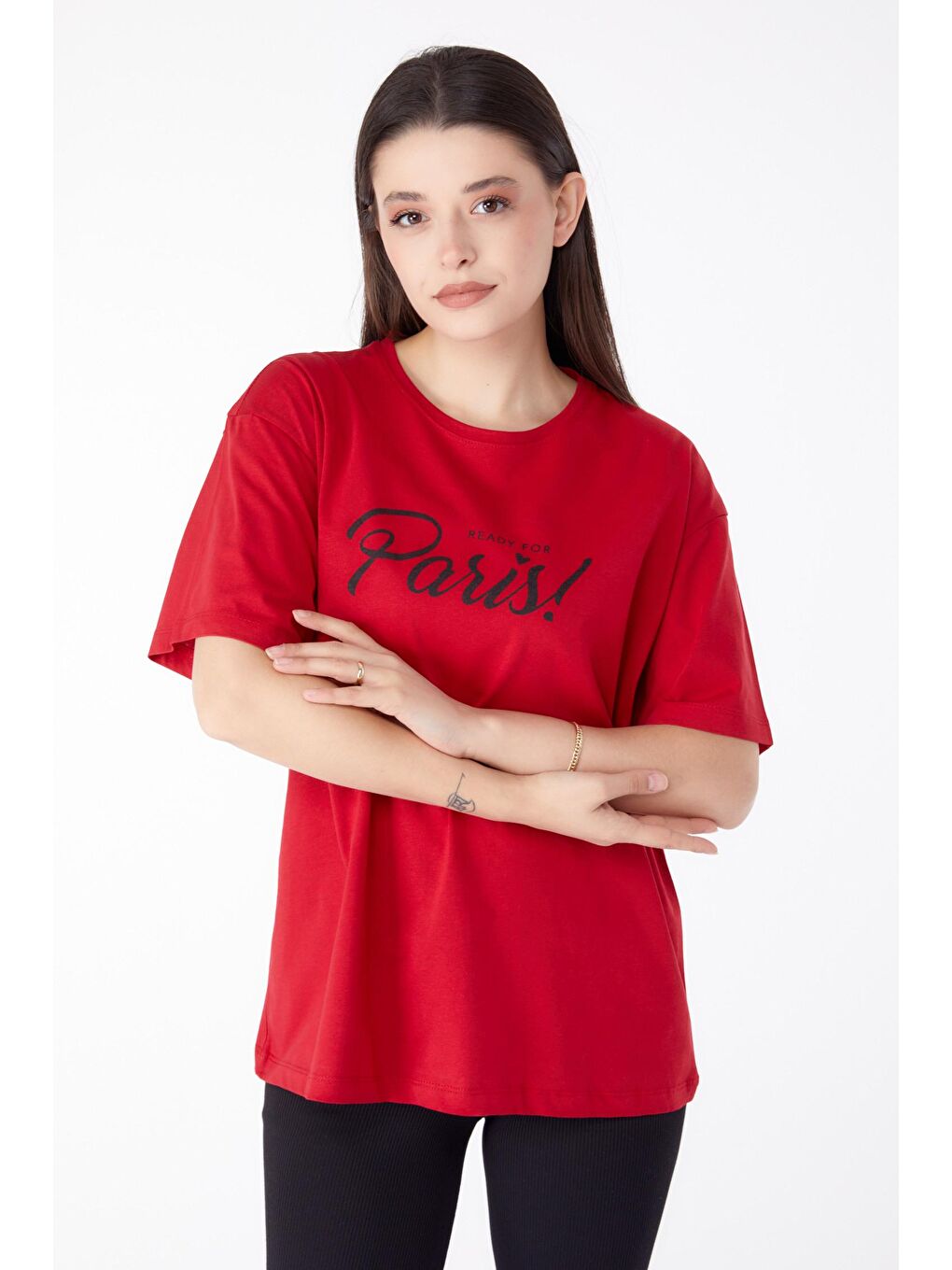 TOFİSA Kırmızı Düz Bisiklet Yaka Kadın Kırmızı Baskılı T-shirt - 25298 - 1