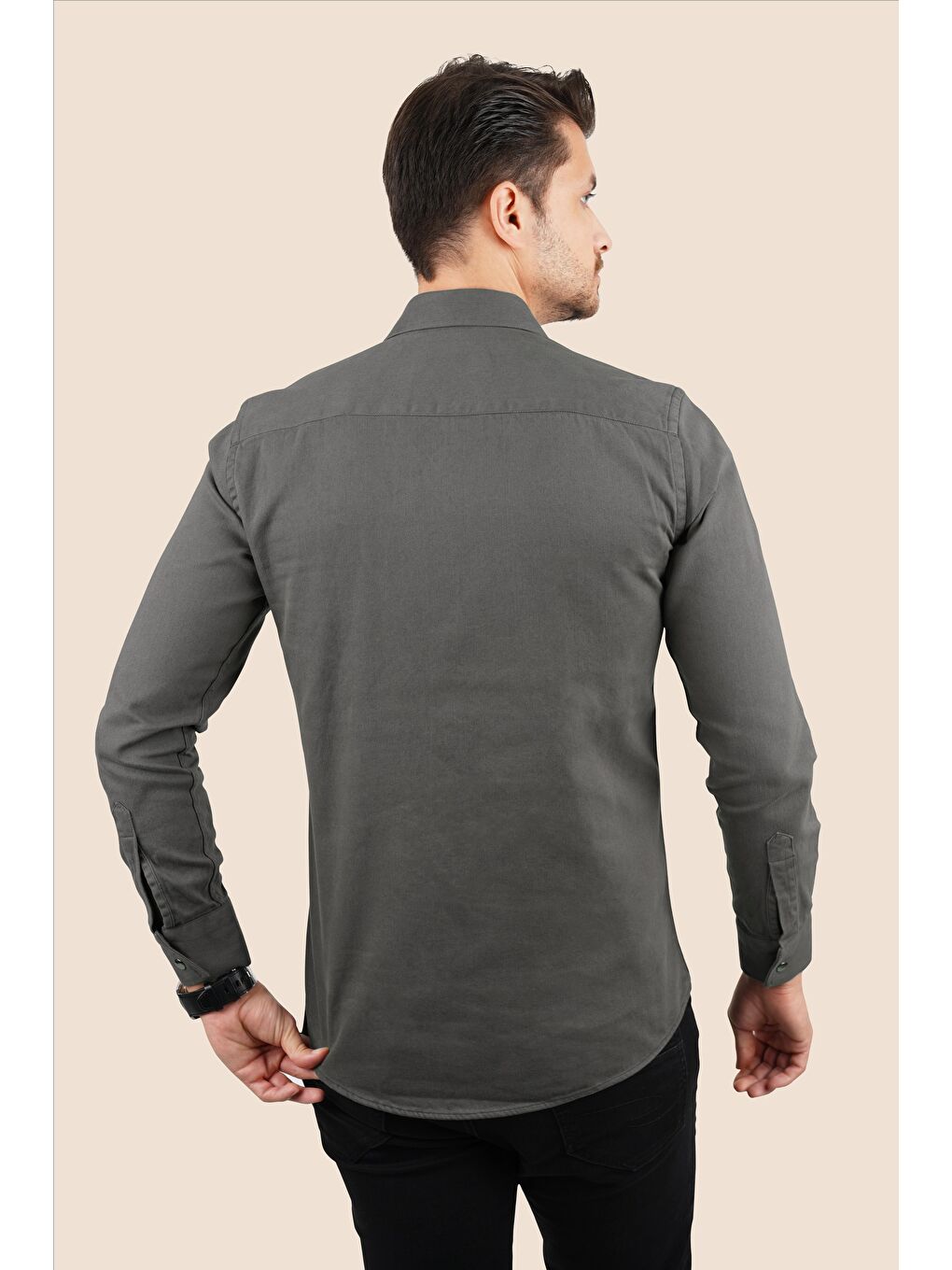Gri Füme Slimfit Gerçek Jean Erkek Gömlek-6