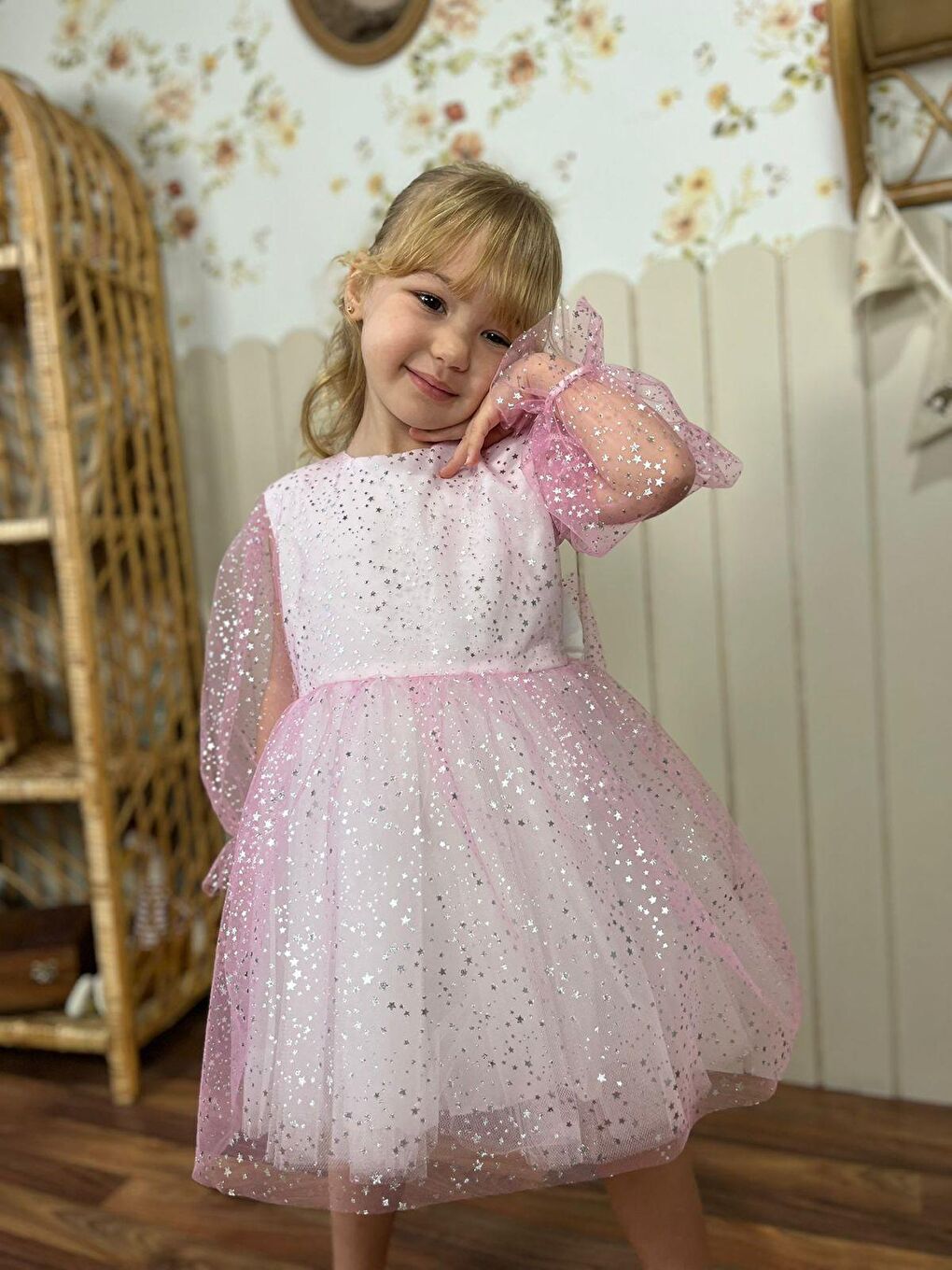 Kız Çocuk Pamuklu Pembe Parıltılı Parti Ve Özel Elbisesi – Rahat Astarlı Tasarım-1
