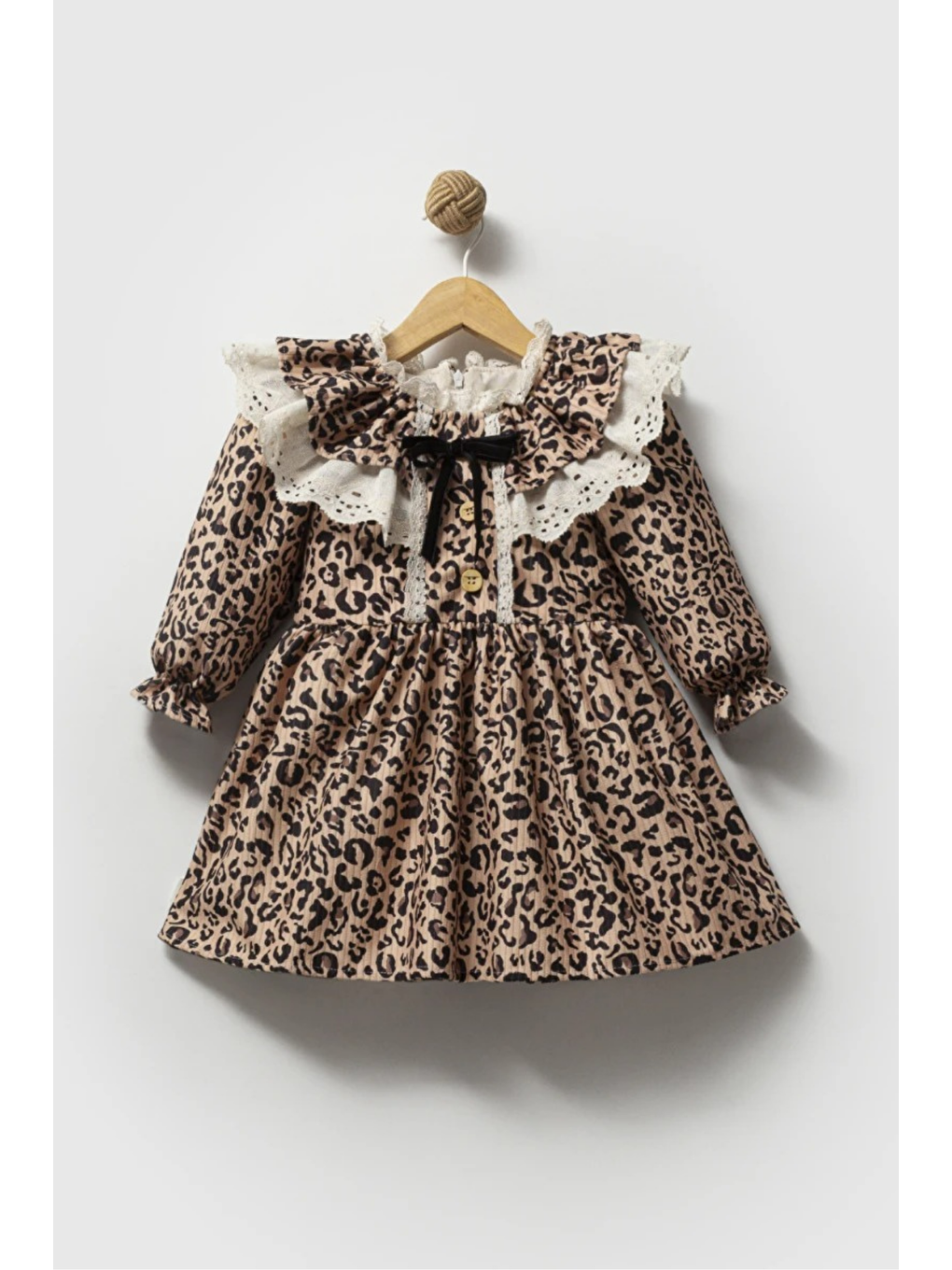 Kahverengi Kız Çocuk Pamuklu Leopar Desenli Dantelli Elbise - Fırfır Yaka Ve Kurdele Detaylı