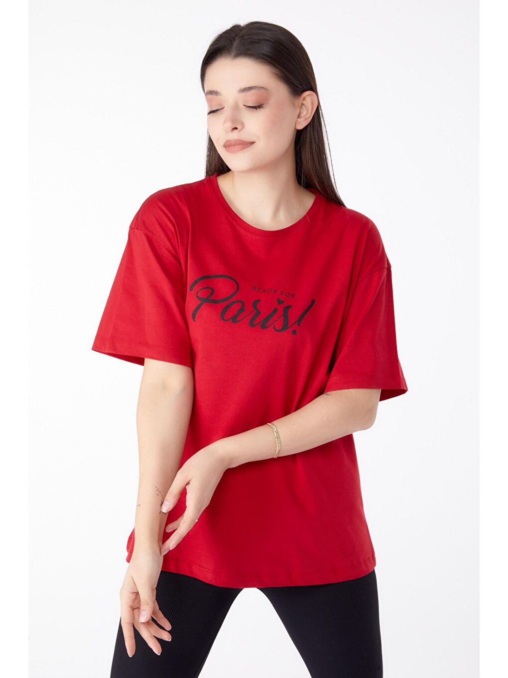 TOFİSA Kırmızı Düz Bisiklet Yaka Kadın Kırmızı Baskılı T-shirt - 25298 - 2