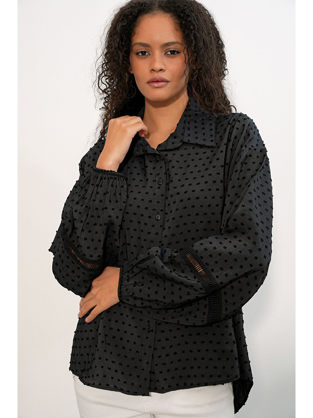 Kadın Oversize Desenli Gömlek 20379 - Siyah-2