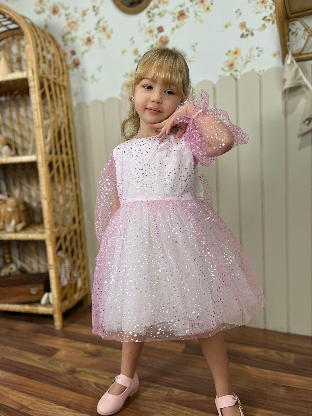 Kız Çocuk Pamuklu Pembe Parıltılı Parti Ve Özel Elbisesi – Rahat Astarlı Tasarım-2