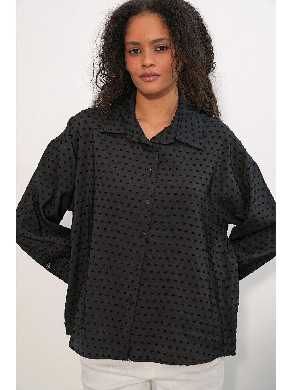 Kadın Oversize Desenli Gömlek 20379 - Siyah-3