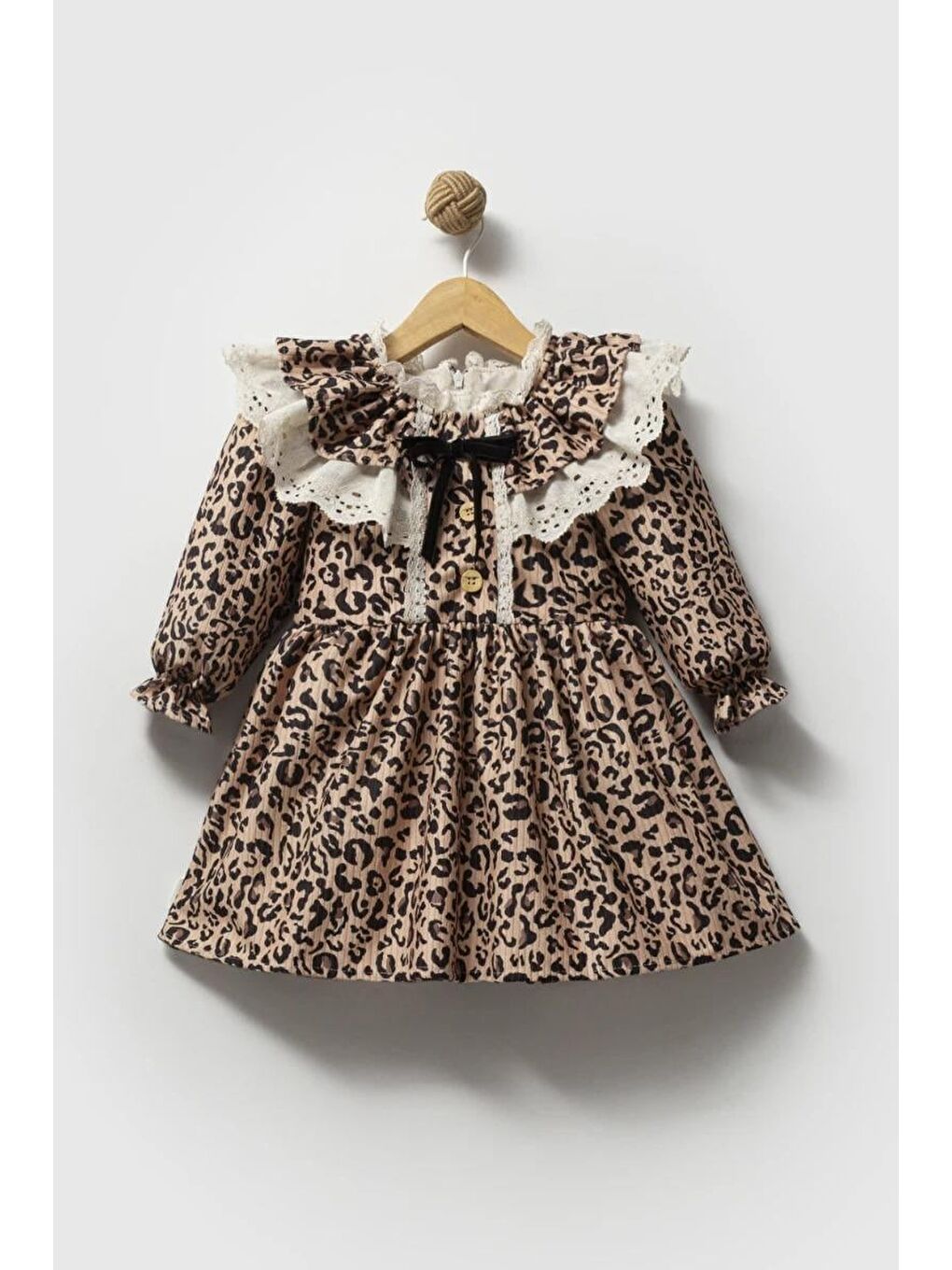 Kahverengi Kız Çocuk Pamuklu Leopar Desenli Dantelli Elbise - Fırfır Yaka Ve Kurdele Detaylı-1