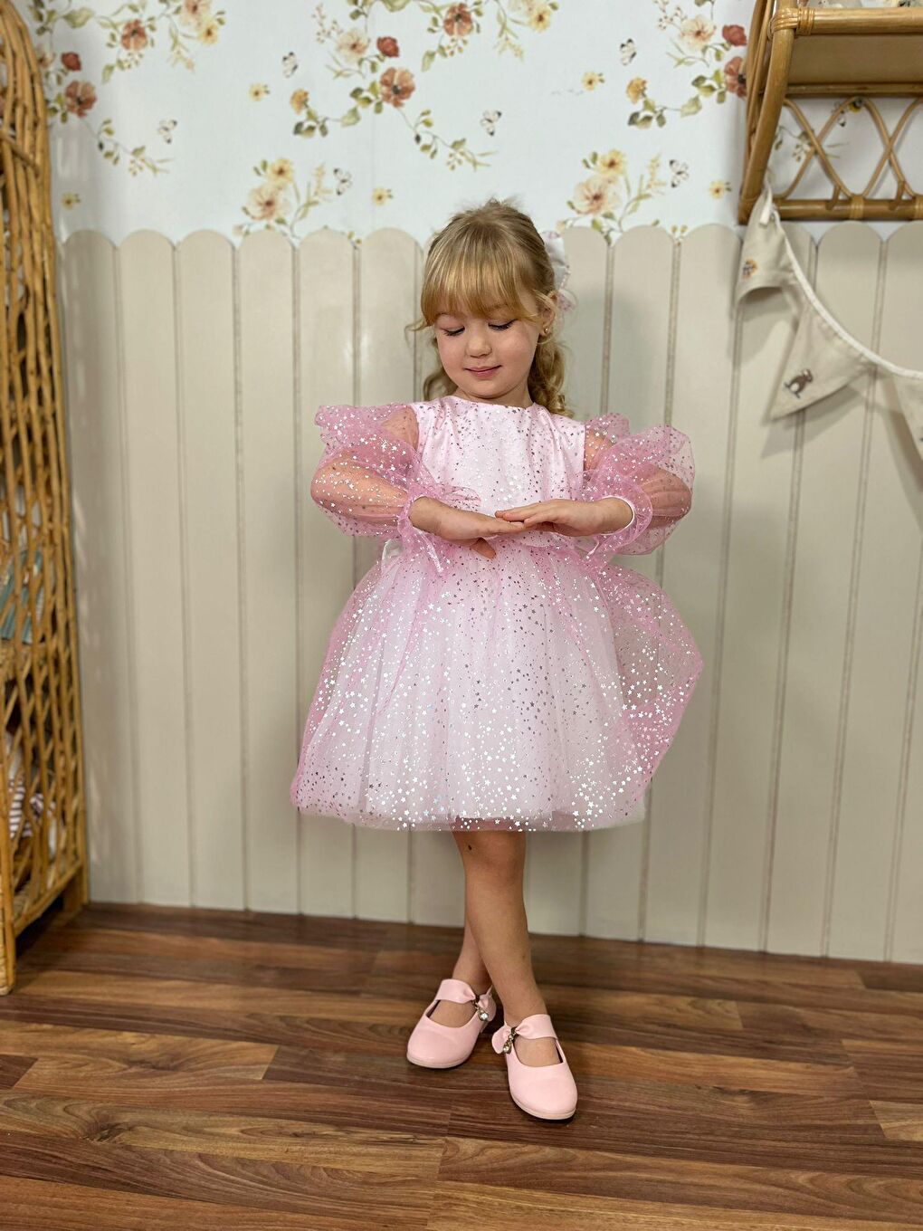 Kız Çocuk Pamuklu Pembe Parıltılı Parti Ve Özel Elbisesi – Rahat Astarlı Tasarım-5