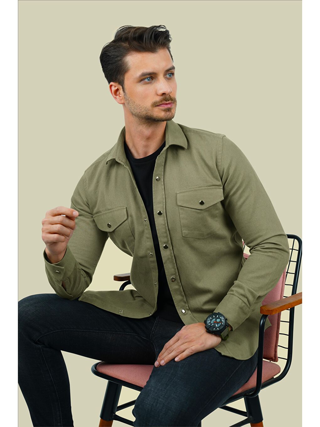 Haki Slimfit Gerçek Jean Erkek Gömlek-1