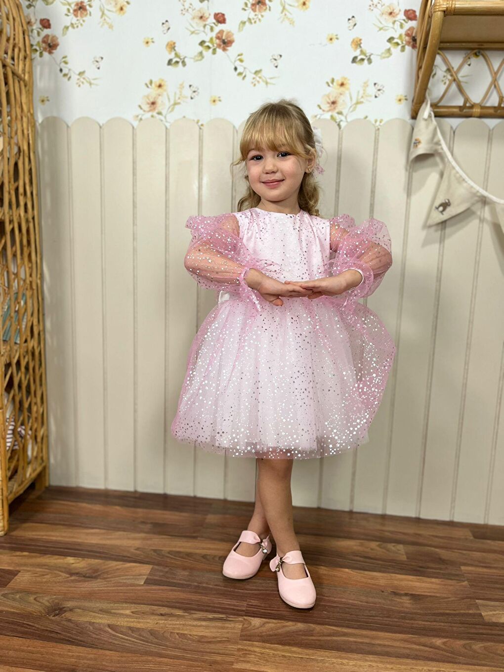 Kız Çocuk Pamuklu Pembe Parıltılı Parti Ve Özel Elbisesi – Rahat Astarlı Tasarım-8