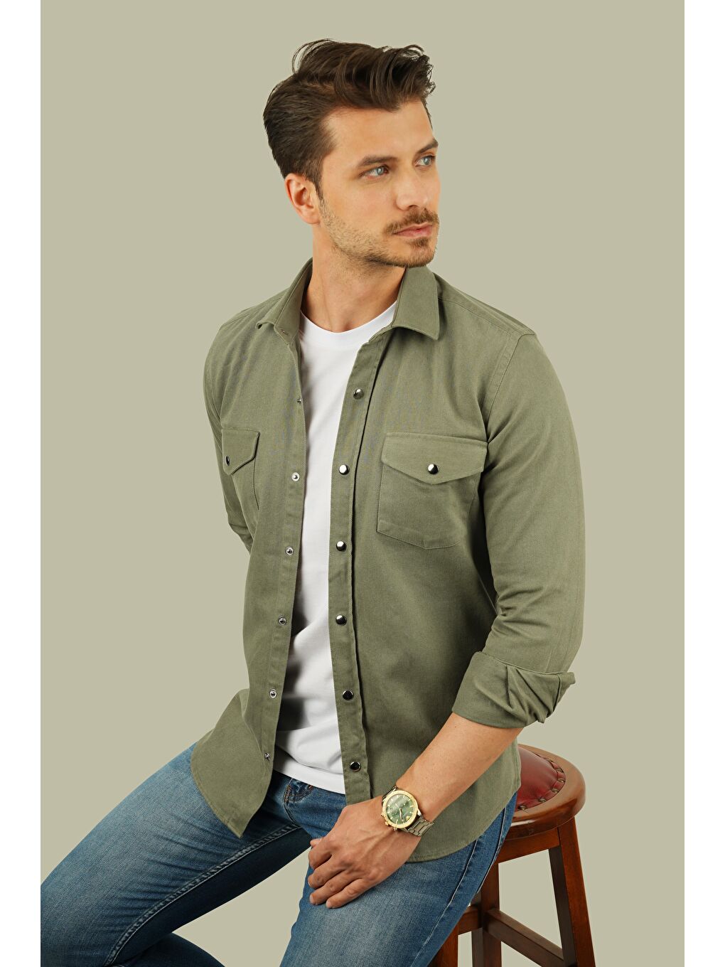 Haki Slimfit Gerçek Jean Erkek Gömlek-2