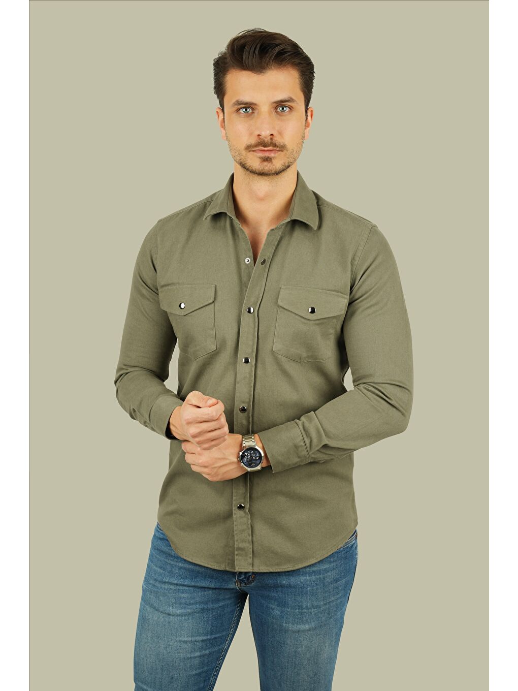 Haki Slimfit Gerçek Jean Erkek Gömlek-4