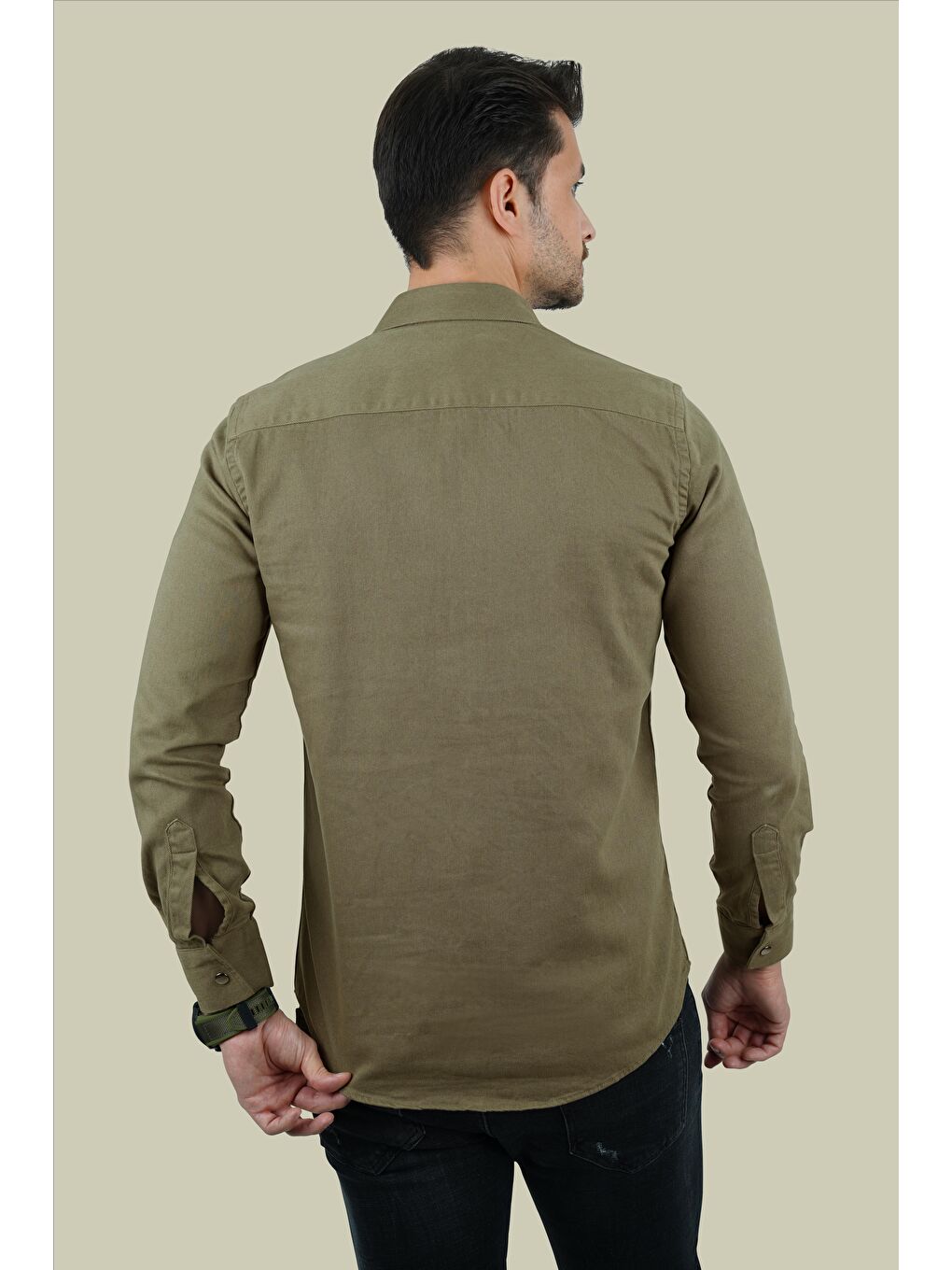 Haki Slimfit Gerçek Jean Erkek Gömlek-6