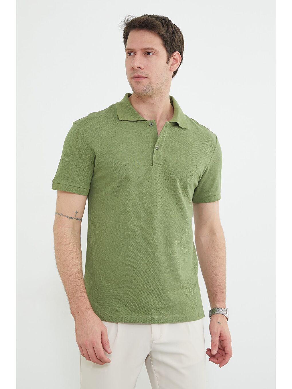 Haki Basic Polo Yaka Yarım Düğmeli Tişört-1