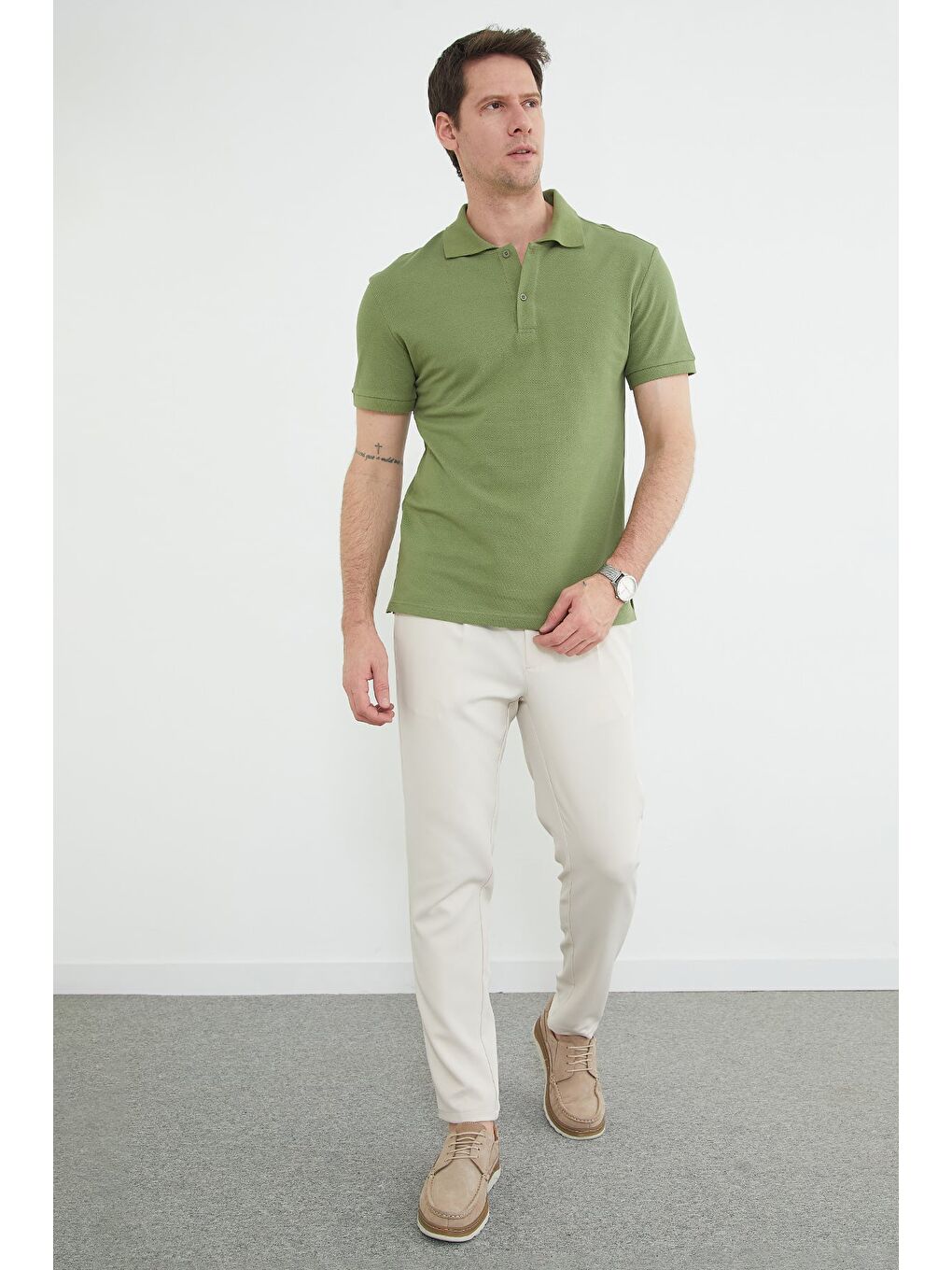 Haki Basic Polo Yaka Yarım Düğmeli Tişört-2