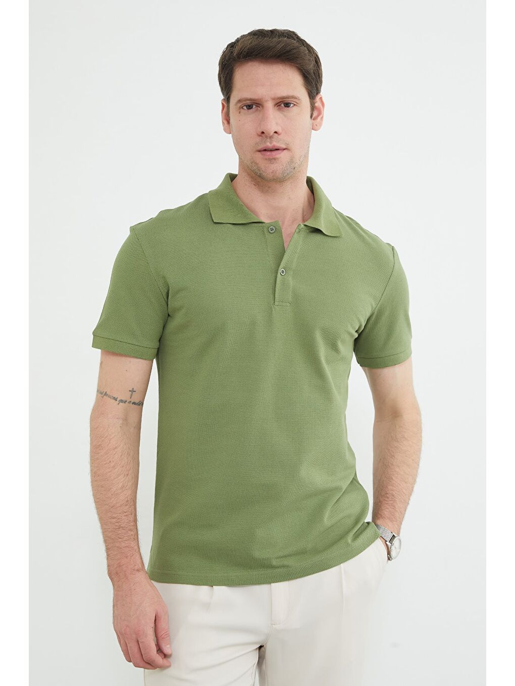 Haki Basic Polo Yaka Yarım Düğmeli Tişört-4