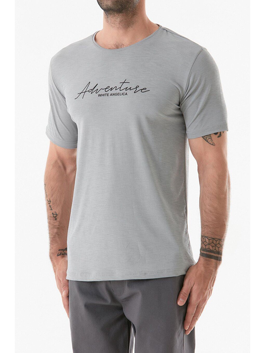 Gri Adventure Baskılı Bisiklet Yaka Tişört-4