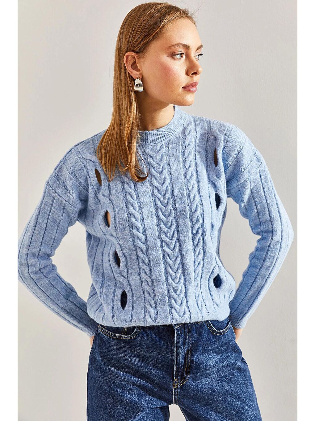 Mavi Kadın Saç Örgülü Desenli Triko Kazak-1