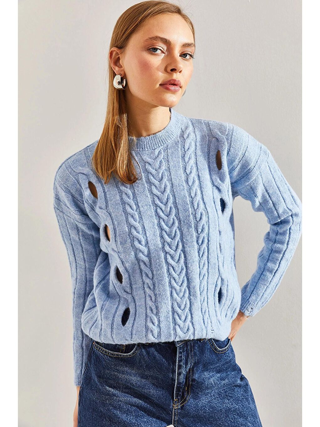 Mavi Kadın Saç Örgülü Desenli Triko Kazak-2