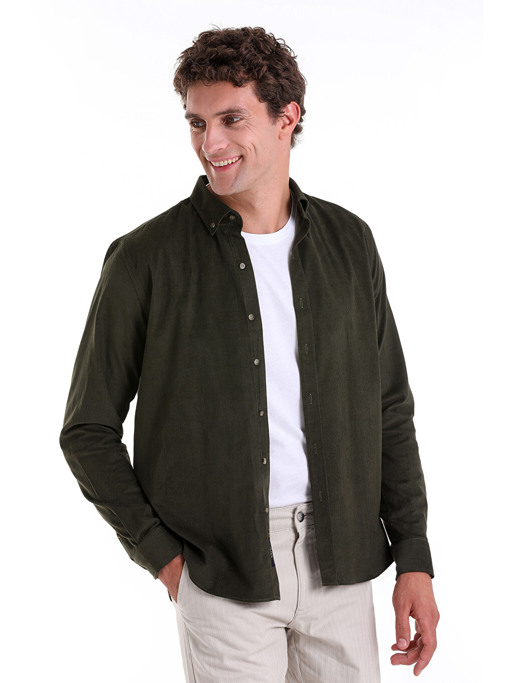 Haki Comfort Fit Uzun Kol Fitilli Kadife Gömlek