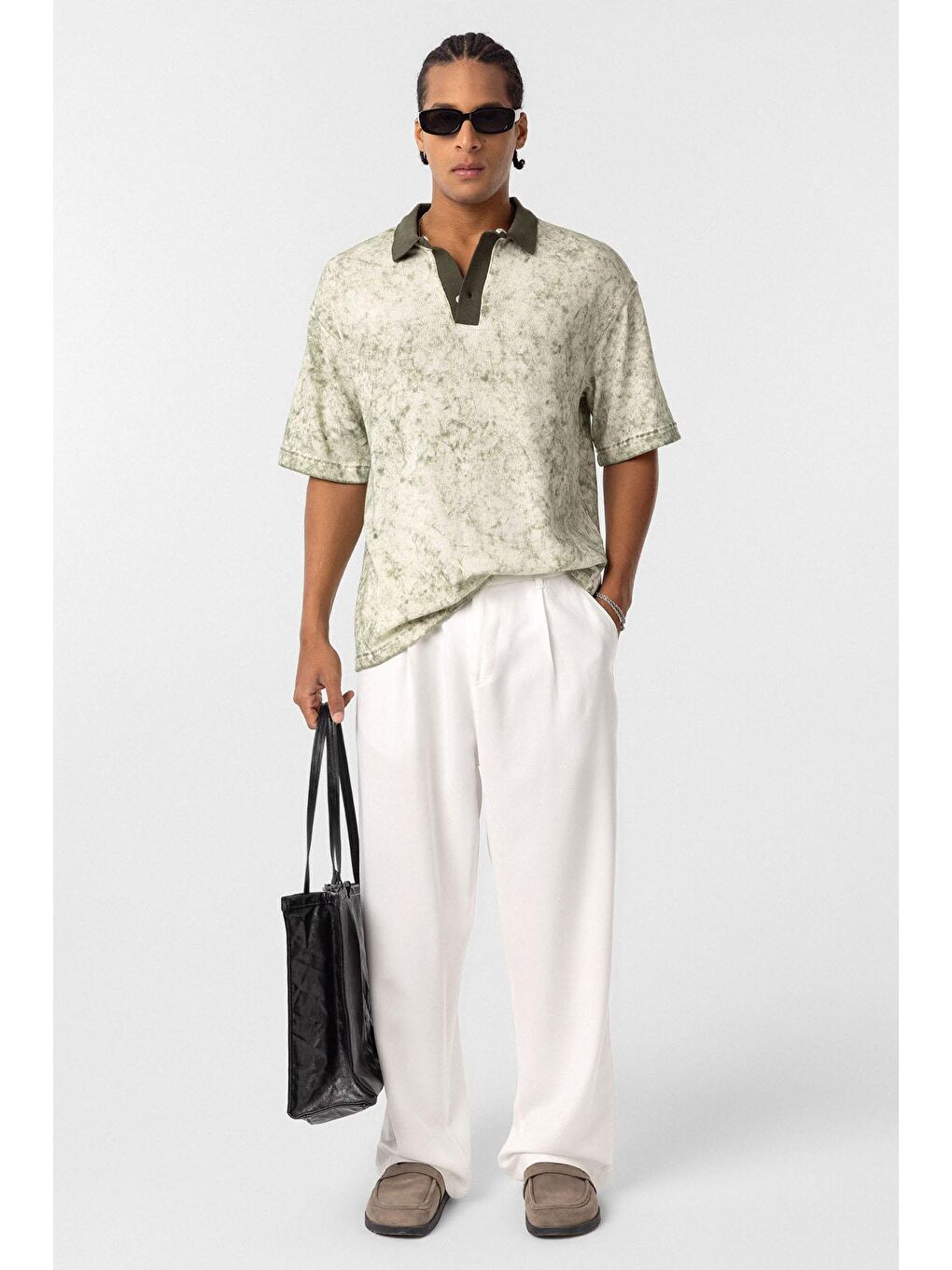 Yıkamalı Oversize Polo Yaka Tişört Haki