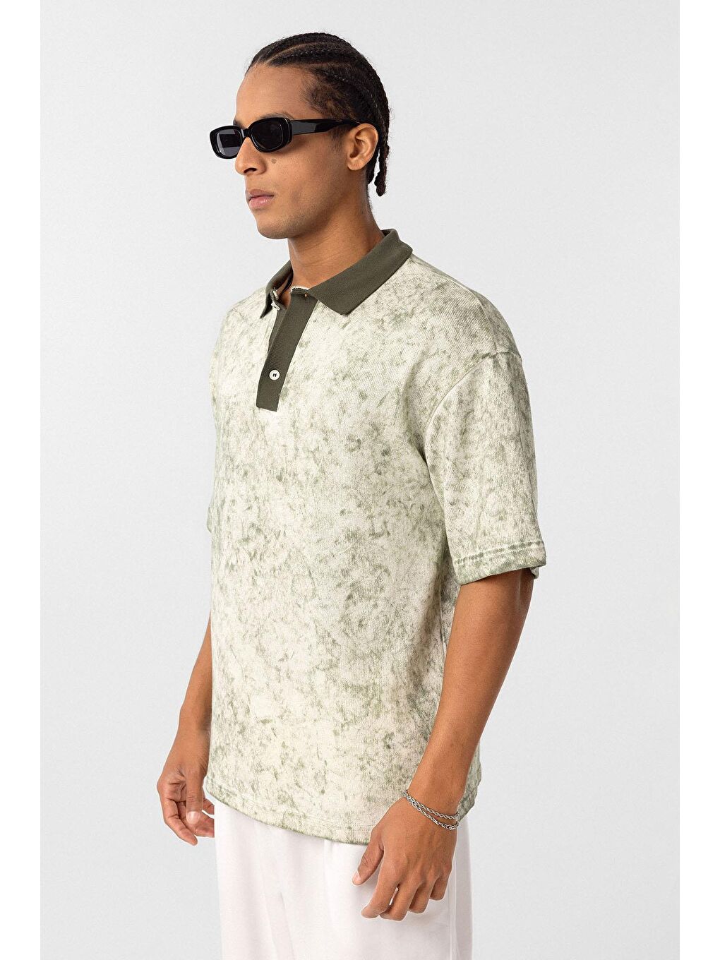 Yıkamalı Oversize Polo Yaka Tişört Haki-2