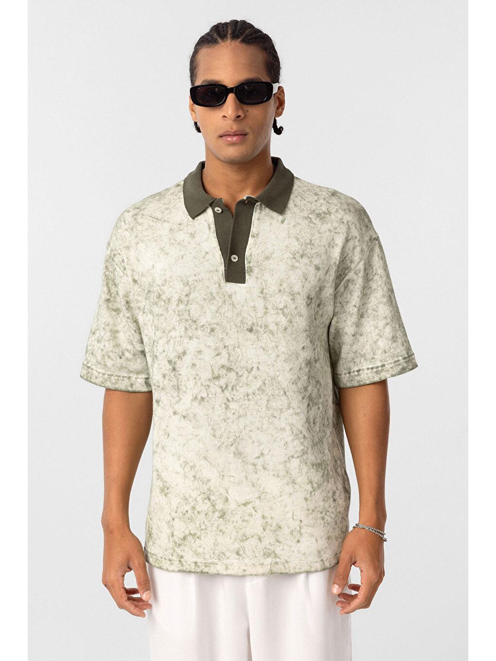 Yıkamalı Oversize Polo Yaka Tişört Haki-3