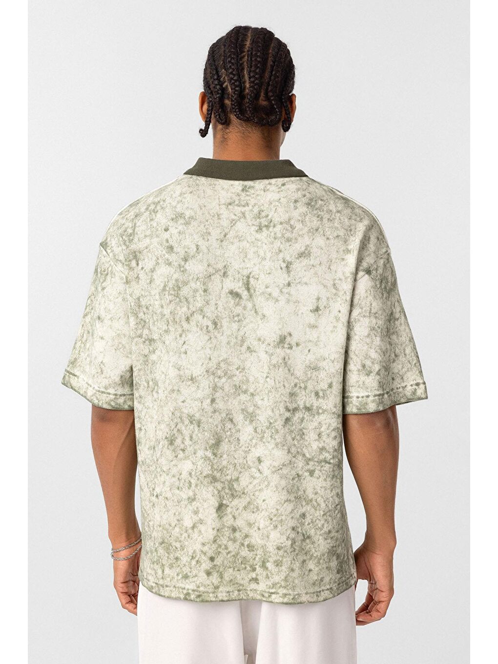 Yıkamalı Oversize Polo Yaka Tişört Haki-5