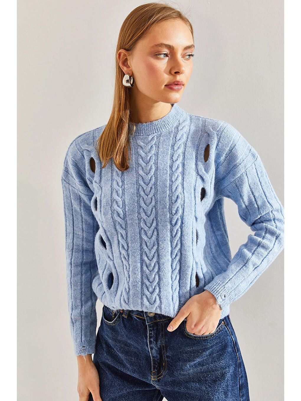 Mavi Kadın Saç Örgülü Desenli Triko Kazak-4