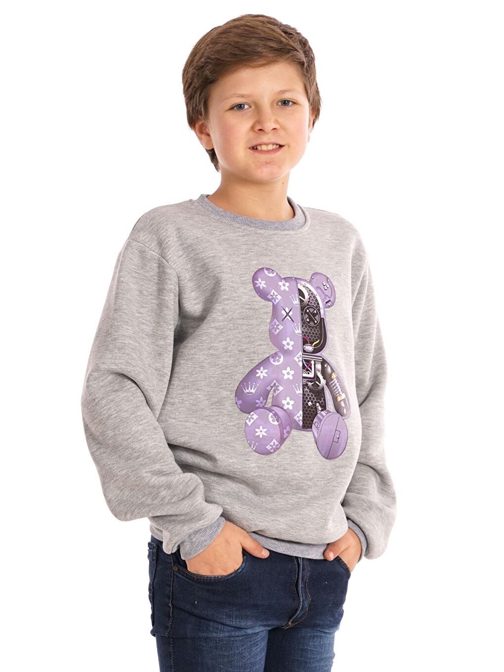 Ayıcık Baskılı Gri Renk Erkek Çocuk Sweat-1