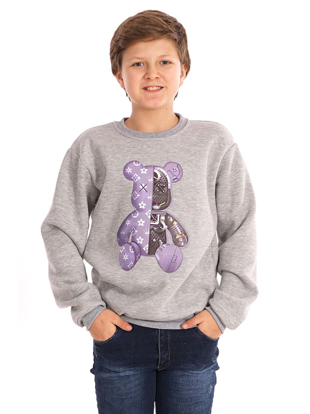Ayıcık Baskılı Gri Renk Erkek Çocuk Sweat-3