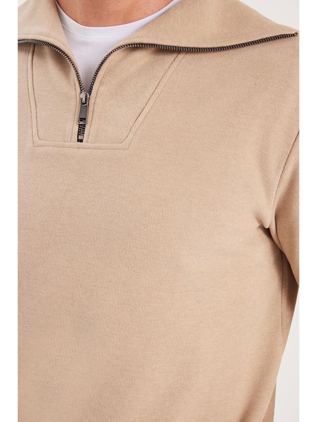 Unisex Relax Fit Rahat Kesim Fitilli Desenli Pamuklu Yarım Fermuarlı Bej Dik Yaka Sweatshirt-2