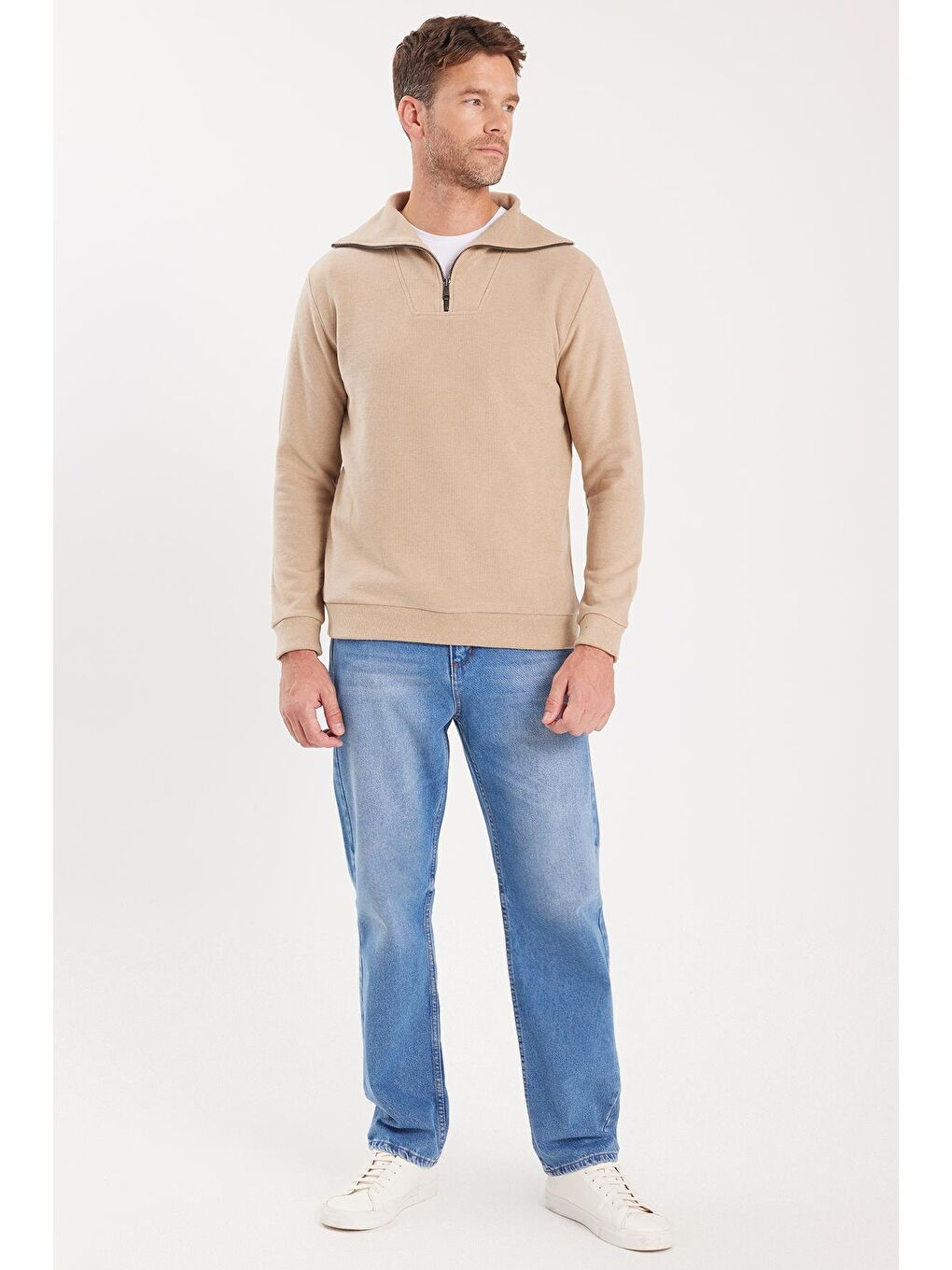 Unisex Relax Fit Rahat Kesim Fitilli Desenli Pamuklu Yarım Fermuarlı Bej Dik Yaka Sweatshirt-3