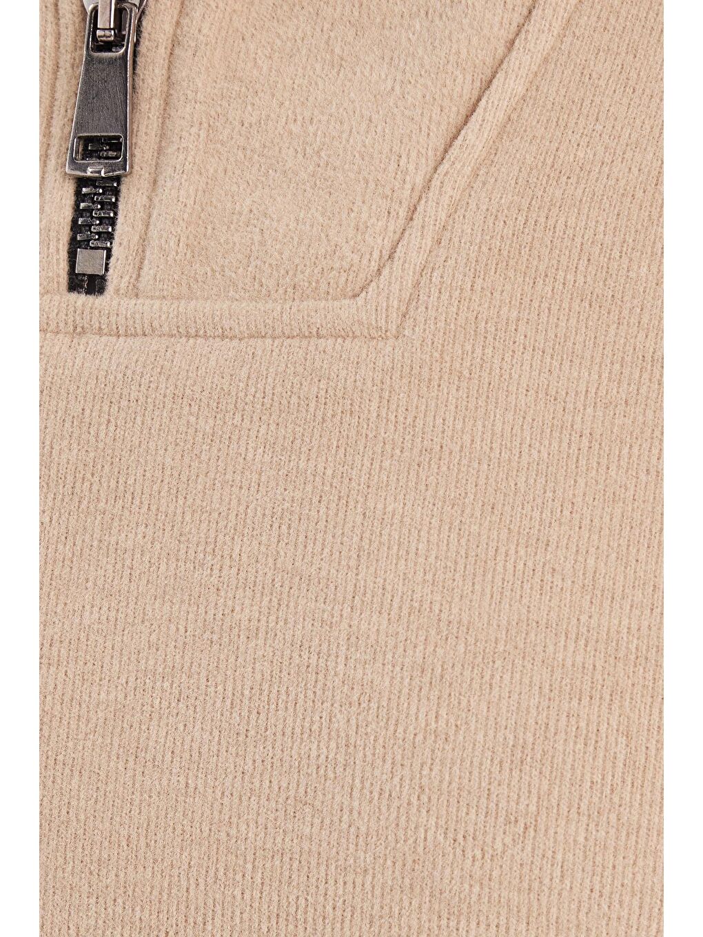 Unisex Relax Fit Rahat Kesim Fitilli Desenli Pamuklu Yarım Fermuarlı Bej Dik Yaka Sweatshirt-5