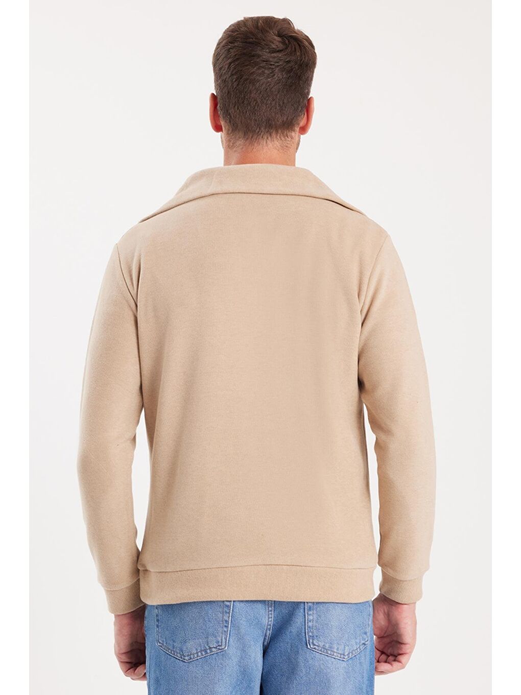 Unisex Relax Fit Rahat Kesim Fitilli Desenli Pamuklu Yarım Fermuarlı Bej Dik Yaka Sweatshirt-6