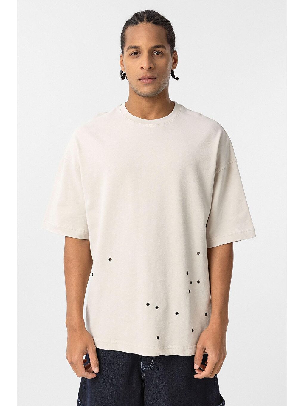 Bej Yıkamalı Metal Detaylı Oversize Tişört Taş-2