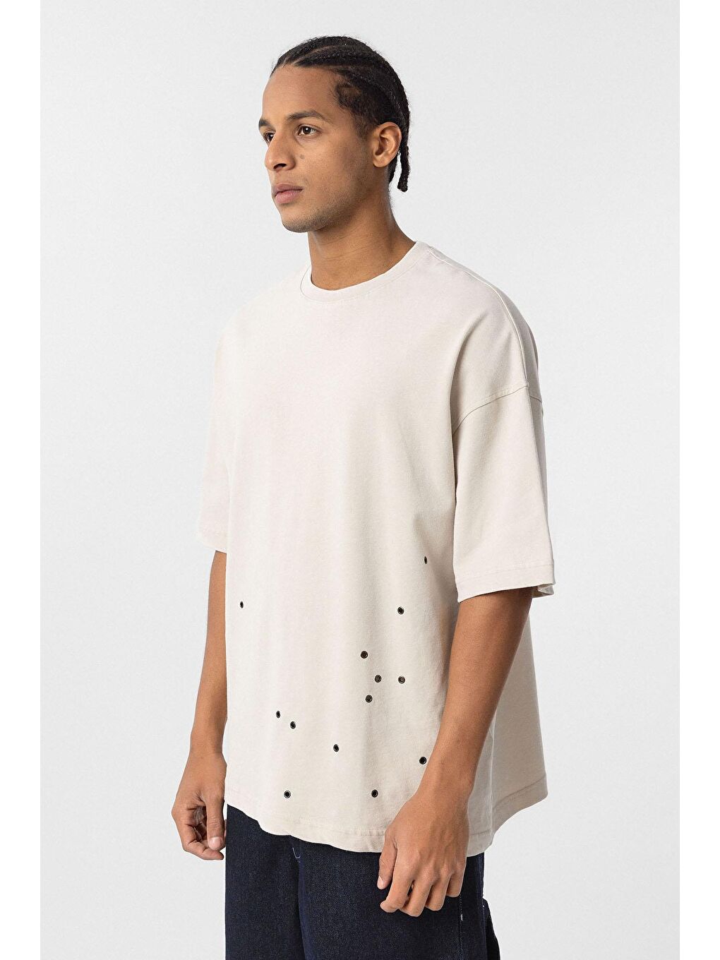 Bej Yıkamalı Metal Detaylı Oversize Tişört Taş-3
