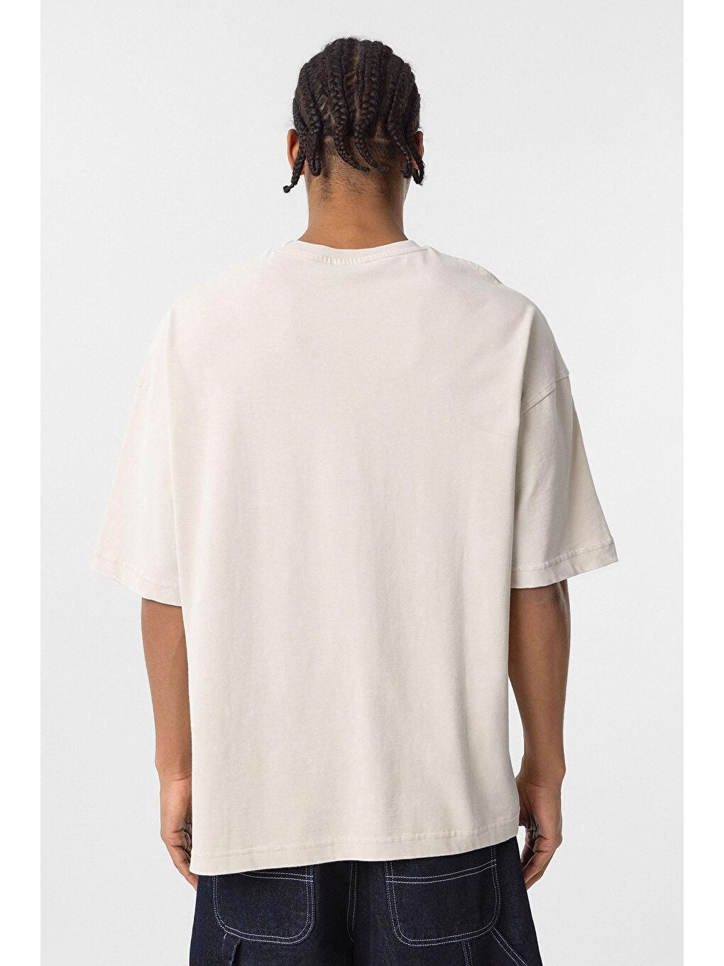Bej Yıkamalı Metal Detaylı Oversize Tişört Taş-4