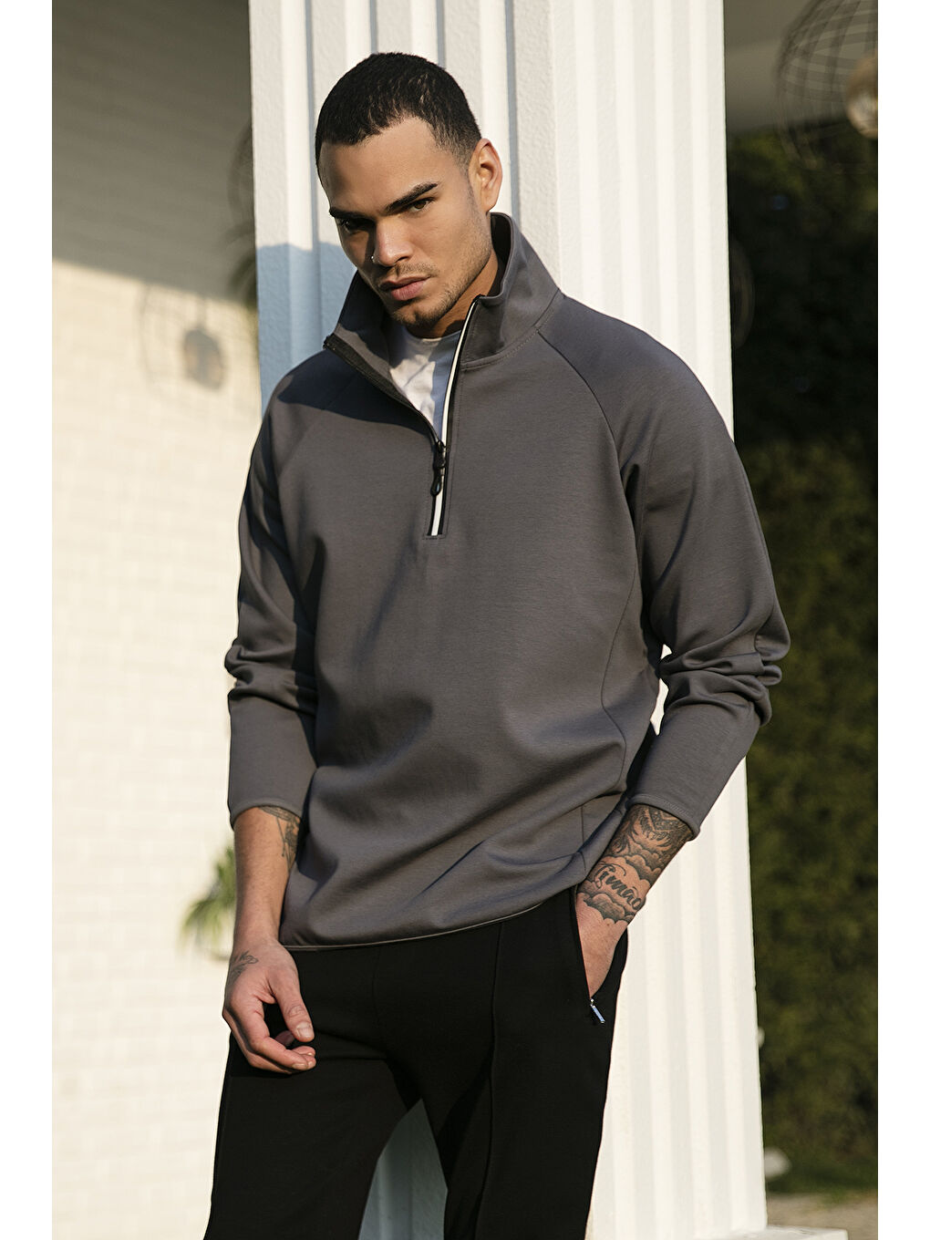 Haki Pamuklu Regular Fit Yarım Fermuarlı Balıkçı Yaka Erkek Sweat 5905260-1