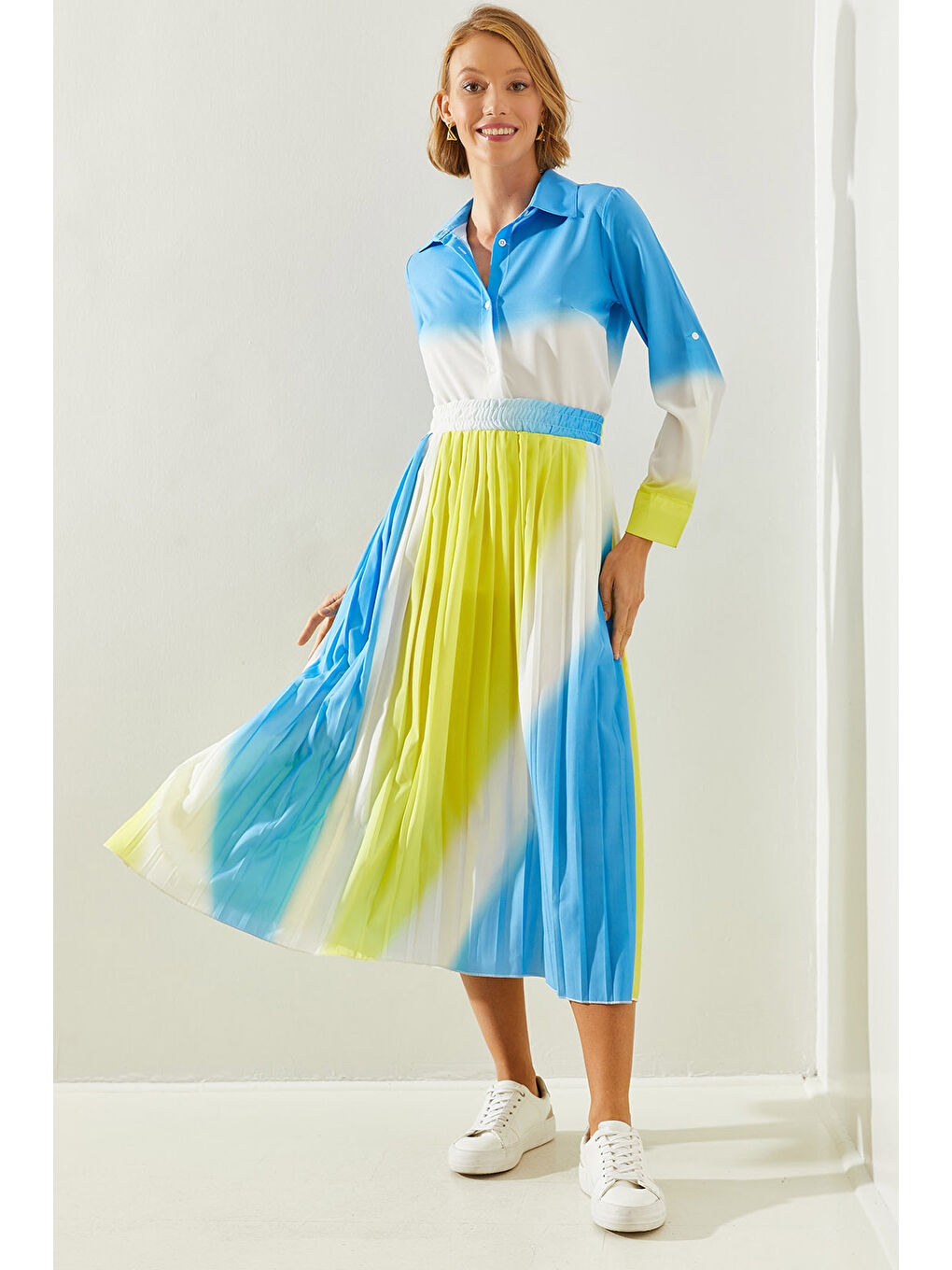 Mavi Kadın Piliseli Beli Lastikli Etek Gömlekli Alt Üst Takım