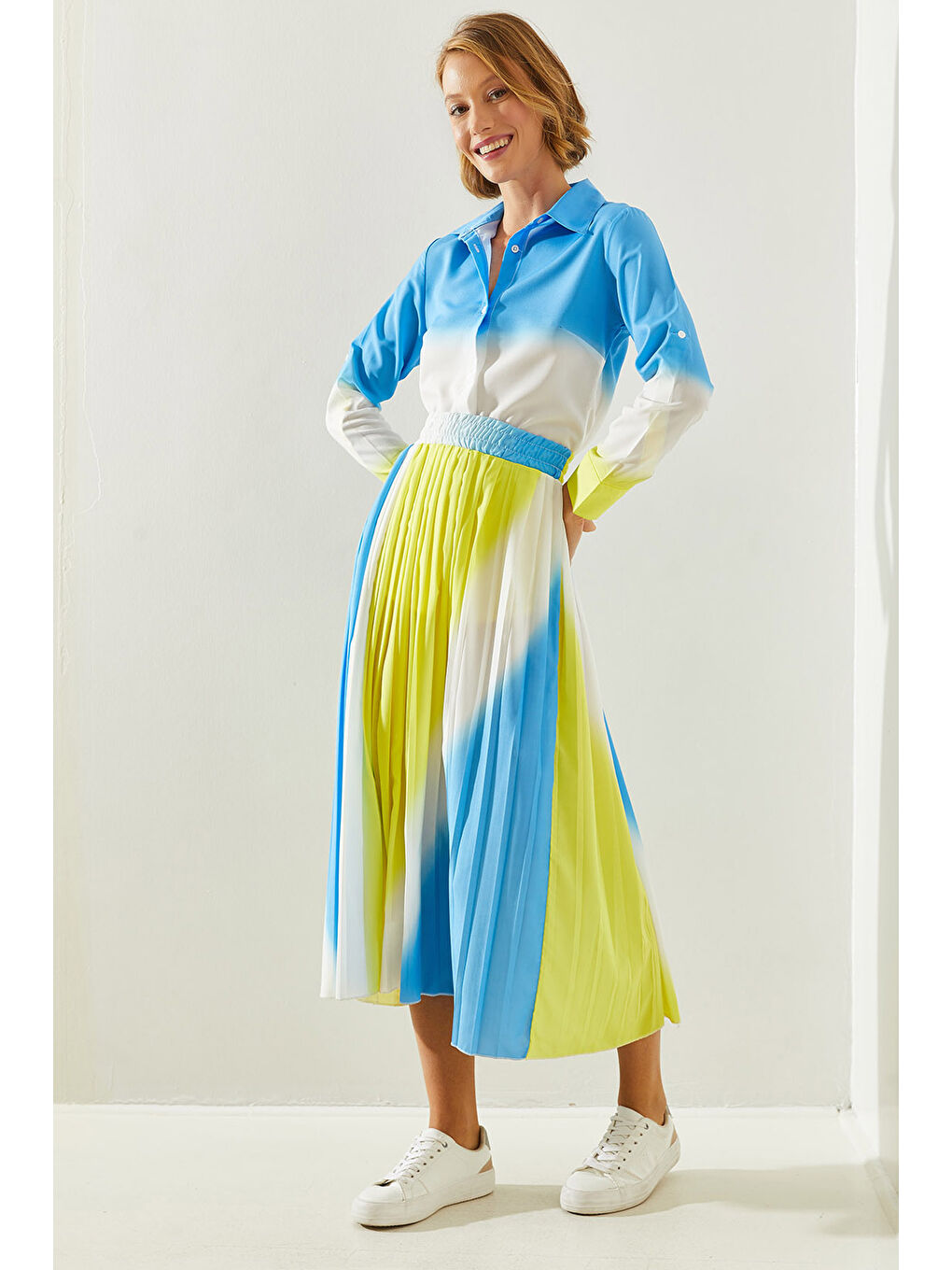 Mavi Kadın Piliseli Beli Lastikli Etek Gömlekli Alt Üst Takım-1