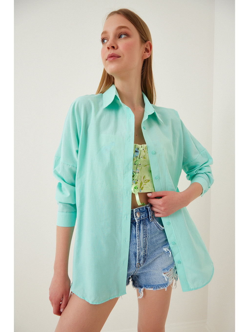 Oversize Basic Gömlek Mint Yeşili Ldd0003-1