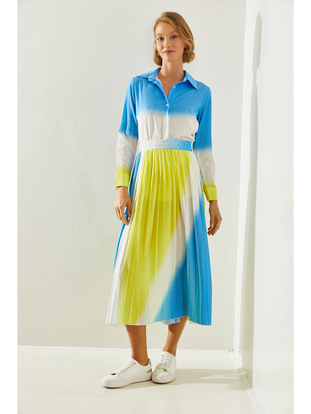 Mavi Kadın Piliseli Beli Lastikli Etek Gömlekli Alt Üst Takım-2